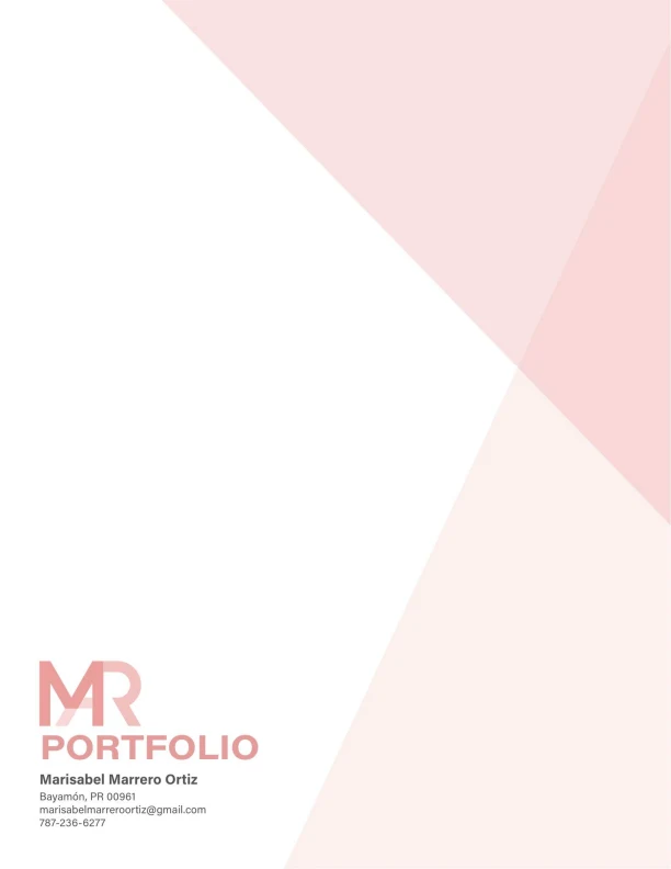 The original portfolio cover with Marisabel’s MR logo and blush geometric artwork