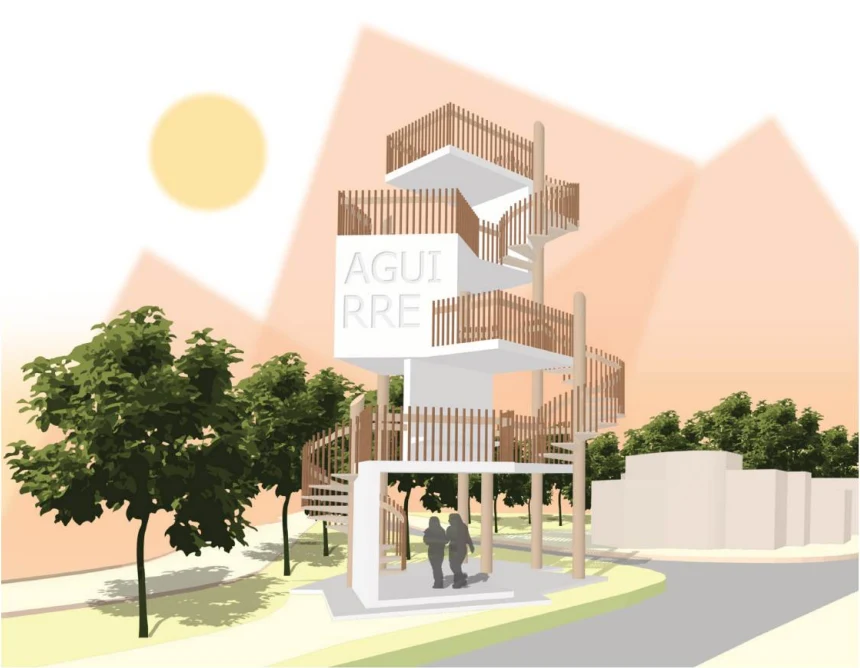 An illustrated viewing tower with stacked platforms and timber screens in Aguirre