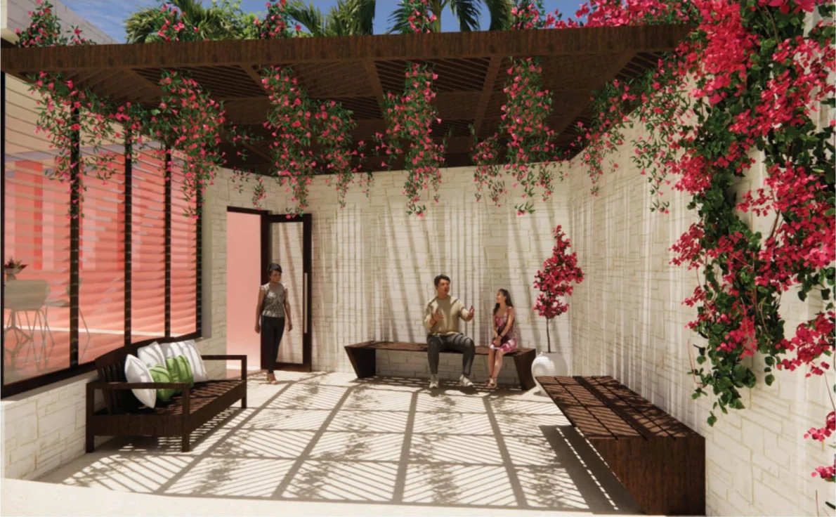A pavilion terrace framed by timber screens and flowering bougainvillea vines