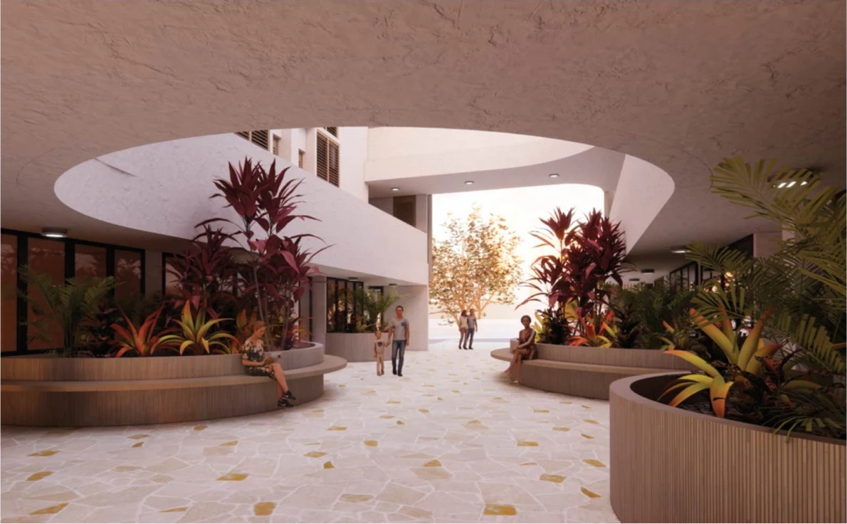 Curving courtyard volumes, tropical plants, and shared seating at Villa Contornos