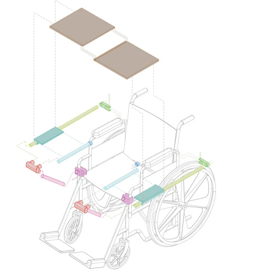 Exploded assembly drawing showing the wheelchair desk’s wooden surface, tubes, and printed connections