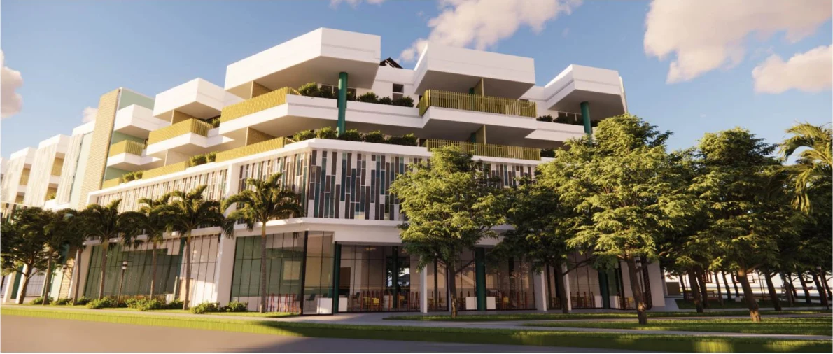 Stepped student housing with green terraces and an active ground floor at Roosevelt Hub